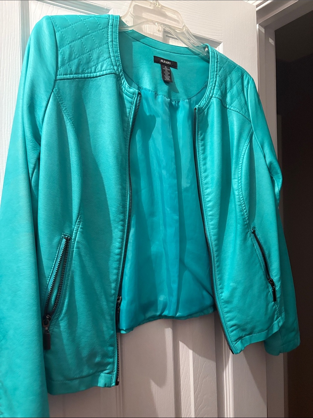 Alfani Women's Teal Zip-Front Faux Leather Jacket